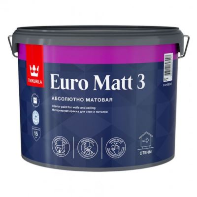 Краска интерьерная для стен и потолков Tikkurila Euro Matt 3 абсолютно матовая база A 9 л